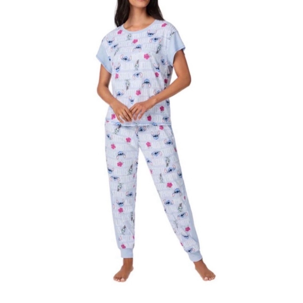 NWT SIZE SMALL Disney Stitch Pajama Set Blue Short Sleeve Jogger Ribbed 2pc NWT